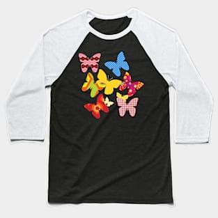 Pretty butterflies, checkered pattern, vintage retro 70s pattern Baseball T-Shirt